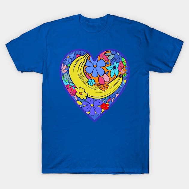 Psychedelic Banana with Hippie Flowers and Heart T-Shirt by Scarebaby